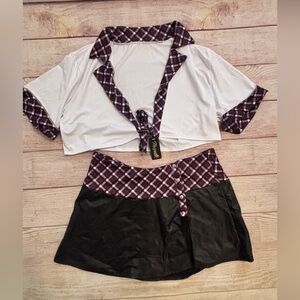 Plaid Trim Crop Top and Skirt Set school uniform